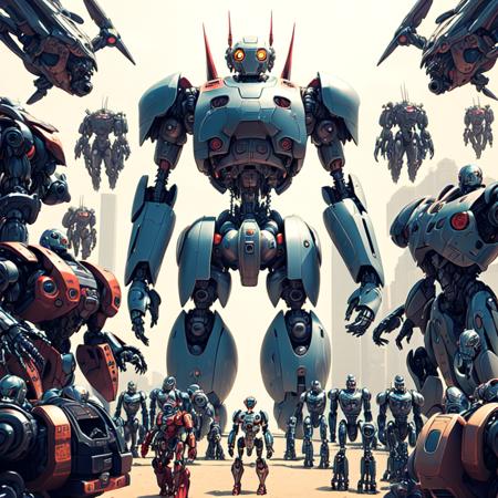 photo, an illustration of a giant robot surrounded by other robots (mecharoboto style:1) <lora:djzMechaRobotoV21:0.8>