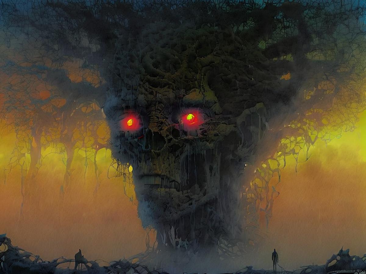 A person standing in front of a large, gnarly tree with red eyes and a big head.