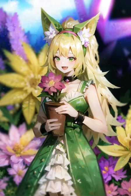 1girl, :d, animal ear fluff, animal ears, bangs, black hairband, blonde hair, blurry, blurry background, depth of field, dress, flower, flower pot, frilled dress, frills, green dress, green eyes, hairband, holding, long hair, open mouth, pink flower, plant, potted plant, sketch, sleeveless, sleeveless dress, smile, solo, tail, wrist cuffs, yellow flower, 1980s (style)