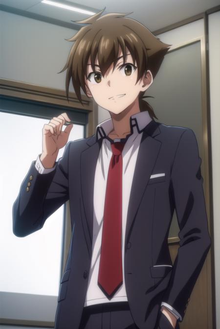 isseihyoudou, <lora:issei hyoudou anime s1-lora-nochekaiser:1>,
issei hyoudou, brown hair, (brown eyes:1.5), male focus, smile, grin,
BREAK long sleeves, school uniform, jacket, necktie, pants, black jacket, red necktie,
BREAK indoors, classroom,
BREAK looking at viewer, (cowboy shot:1.5),
BREAK <lyco:GoodHands-beta2:1>, (masterpiece:1.2), best quality, high resolution, unity 8k wallpaper, (illustration:0.8), (beautiful detailed eyes:1.6), extremely detailed face, perfect lighting, extremely detailed CG, (perfect hands, perfect anatomy),