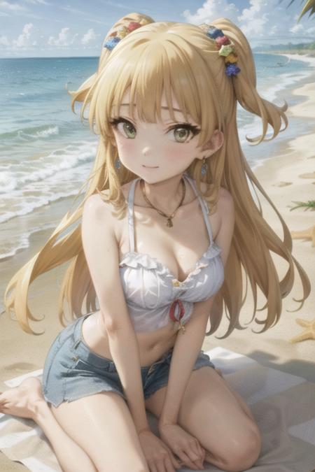 masterpiece, best quality, 1girl, (/RIKA JOUGASAKI/), earrings, jewelry, looking at viewer, shirt, solo, beach, kneel, (hdr:1.1) <lora:RIKA_JOUGASAKI-000012:0.7>