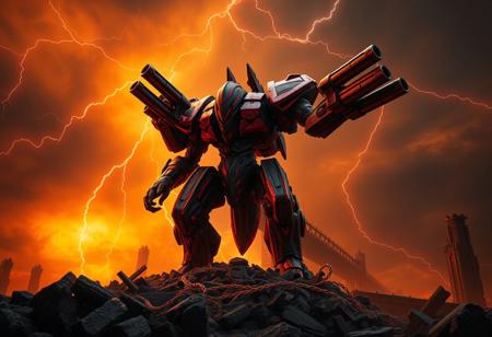 Diablo III inspired, a colossal red and black monster robot creature with arm cannons stands on a ruin pile. Above, a chaotic dark orange storm sky crackles with lightning bolts. Cinematic, dynamic action pose, captivating lighting, Octane render, Unreal Engine 5, trending on Artstation, highly detailed, impeccable composition, matte painting.