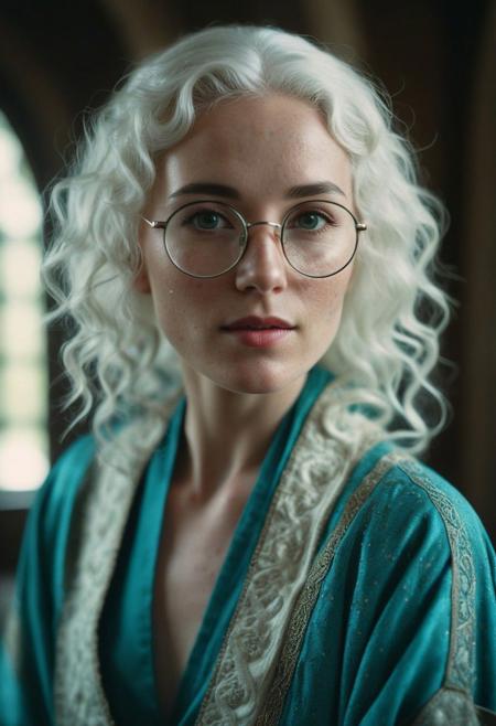 analog film photo hyperrealistic photography, raw-photo, 64k, full body shot, photo of a beautiful woman, 35 years old elf woman, sophisticated , turquoise arch mage garment, round face, pale skin, freckles, ((bright white hair)) , short curly hair, ((curly hair)), messy hair, ((medieval glasses)) , looking confidently, fantasy guilt master, mistress, lady, (chubby:0.2)
, frontal, cinematic light, perfect face,  . faded film, desaturated, 35mm photo, grainy, vignette, vintage, Kodachrome, Lomography, stained, highly detailed, found footage