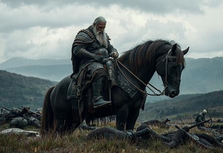 Old warrior sitting on massive horse, large old man, muddy, scarred, dented armor, sad horse, mist, , weary head down in weariness and sadness, tired after great battle, last man alive, amor, beard, silhouette, raining, hill, after a great battle, debris of battle strewn around the hill, sweeping background landscape, storm clouds in the distance, muted colours, grassland, foot hills, eldritch landscape, armor, heavy swords, dead bodies, blood in the mud, fantasy art, medieval