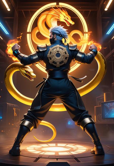 The cyberpunk ninja warrior is depicted in a heroic, glorified pose, his body frozen in a powerful, dynamic karate stance. His hands are clenched into fists. His hair, decorated with high-tech devices, is effectively highlighted from behind. Behind him, the fiery head of an abstract snake roars, hinting at his brutal fighting style. The stage is flooded with a golden glow, in which elements of industrial steampunk are combined with Japanese motifs, presenting him as a legendary figure ready for battle. realistic photography, atmospheric haze, extremely high-quality edited photography, high contrast, edited in adobe lightroom, bright colors, perfect white balance, using Broncolor flash, limited dark palette, 4k, clear focus, high resolution, 8k UHD, digital SLR camera, high quality, film grain, first phase, <lora:fluxmythp0rtr4 is a style.safety sensors:0,5>, mythp0rt <lora:FluxDFaeTasticDetails.safety sensors:0,5>,