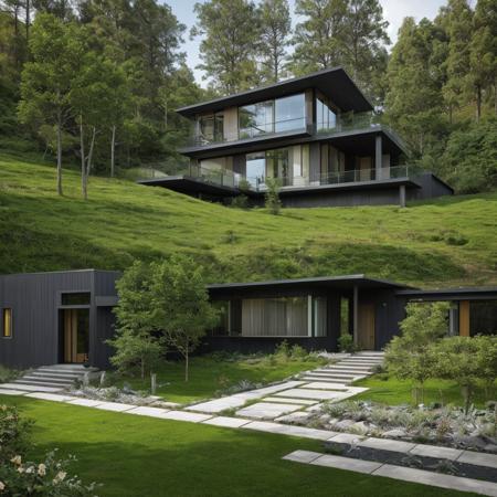 a single house on a hill, the house is entirely made of an element from the elemental table, high detail, hdr, elemental garden, complex house design