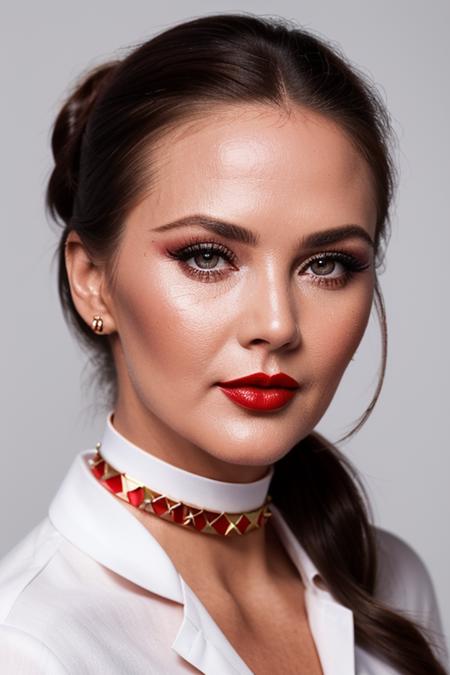 photo of a woman, lyndacarter:0.99, ((hair up):1.3), ((closeup, portrait):1.2) ((choker, white shirt, collar):1.2),((red lipstick, eyeliner,eye shadow, blush):1.2), ((best quality, masterpiece, extreme details, high resolution):1.2),((detailed eyes, beautiful eyes, detailed face, beautiful face):1.2)