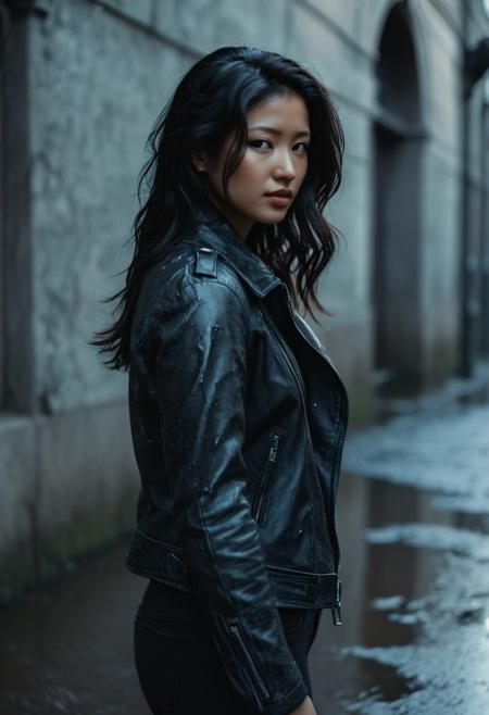 Film noir portrait, solitary woman, long dark hair cascading over shoulders, black leather jacket with subtle sheen, urban decay backdrop, cool blue palette with hints of silver, low-key lighting emphasizing shadows and contrast, melancholic atmosphere, contemplative gaze off-camera, realistic rendering, detailed textures.
Deep focus shot, f/8 aperture for sharp details throughout, 50mm prime lens, ISO 400 for slight film grain. Rembrandt lighting setup with key light at 45-degree angle, subtle rim light for hair separation. Soft fill light to retain shadow detail.
Shallow depth of field in foreground, leading lines from crumbling architecture drawing eye to subject. Desaturated color grading, crushed blacks for noir feel. Light fog or mist in background for atmosphere. Slight motion blur in hair suggesting gentle breeze.
High contrast image with rich blacks and bright highlights on facial features and jacket. Subtle lens flare from street lamp. Textural details in weathered walls, jacket creases, and individual strands of hair. Faint reflections in puddles on wet pavement.
Composition follows rule of thirds, subject slightly off-center.  Shot from slightly below eye level for subtle heroic angle. Hyper-realistic style with meticulous attention to skin texture, pores, and catch lights in eyes.
Kodak Motion Picture Film Style