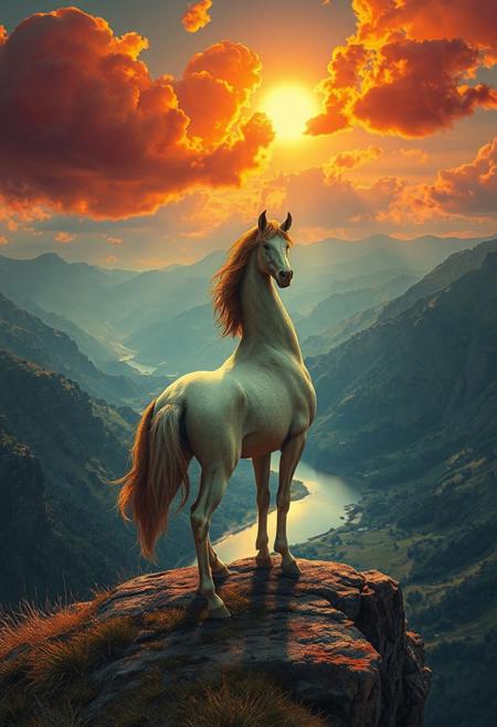 female centaur  standing on cliff, in valley below there is a river, sundown, sheep clouds painted in red yellow and orange from light, creature half woman half horse
