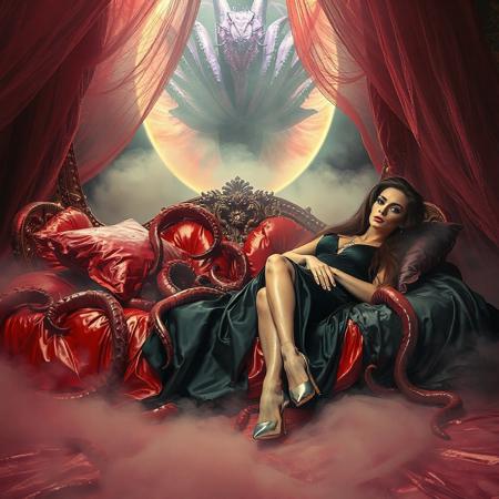 classy rich slender sultry alluring russian evil queen in black thin glossy satin   provocative slutty whorish  rich 1950s robe   and  glossy high heels, jewels, entangled in long tentacles, laying  reclined in weird red foil royal bed, covered with giant ultrathin transparent glossy slime veils, surrounded by foil pillows, under slimy tentacles canopy,  giant portal to outer space, fog from the floor, giant purple alien carnivorous flower with glossy spiked petals at background, weird alien hive slime walls and fleshy floor, horror, fashion look, hollywood, vogue makeup, long haired, ultrathin waisym reminiscent of H.R. Giger, Zdzisław Beksinski, and Ash Thorp's dark, sleek styles, with close-up glamour photography, glossy satin and silver heels glistening, fleshy slime dripping, and dark shadows.