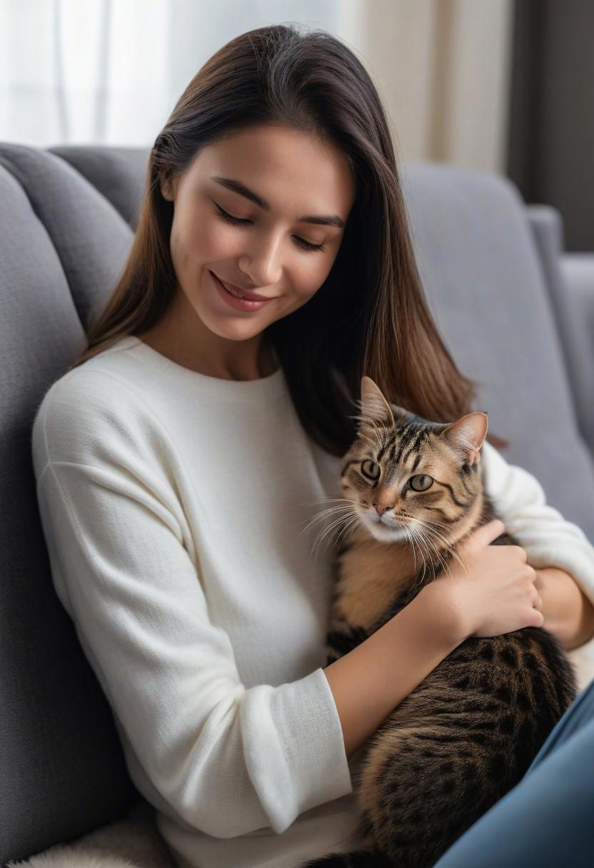 Realistic photograph, film grain, 8k, Best quality, score_9, score_8_up, score_7_up, score_6_up, 1girl, A heartwarming scene where a young, beautiful woman sits on a cozy sofa as her affectionate cat gently rubs its head against hers. The cat, with soft fur and big, loving eyes, leans in to nuzzle its head against its owner's, expressing pure affection. The woman, dressed casually in comfortable clothes, smiles warmly, her hands gently resting on the cat as she returns the affection. The room is softly lit, creating a calm and intimate atmosphere, with the cozy sofa and soft cushions adding to the tenderness of the moment.