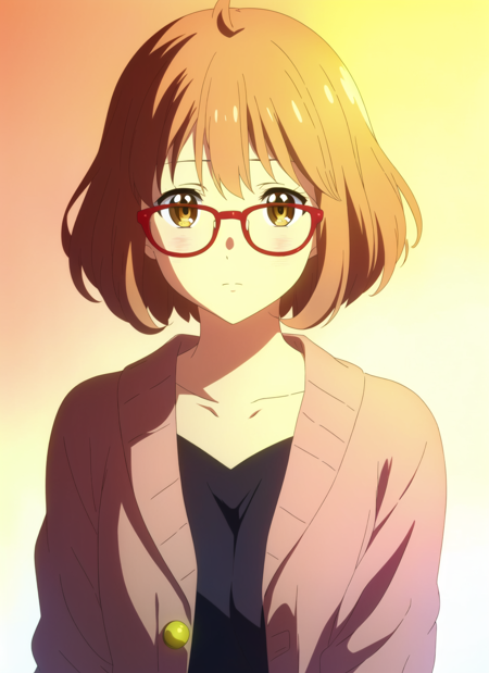 kyoukai no kanata <lora:kyoukai_no_kanata_offset:1>, masterpiece, best quality, 1girl, solo, red-framed eyewear, short hair, glasses, looking at viewer, yellow background, blonde hair, blush, closed mouth, yellow eyes, bangs, brown eyes, collarbone, cardigan,gradient, gradient background, upper body