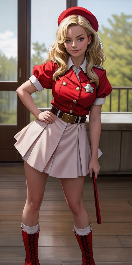 ((Masterpiece, best quality)),photography, detailed skin, realistic, photo-realistic, 8k, highly detailed, full length frame, High detail RAW color art, diffused soft lighting, shallow depth of field, sharp focus, hyperrealism, cinematic lighting
red edgAndy_costume, solo, smile,blonde Margot Robbie,breasts , short sleeves, military uniform,boots, belt, star badge, hand on hip,red footwear, wearing edgAndy_costume,
<lora:edgOrangeStarUniform:1>