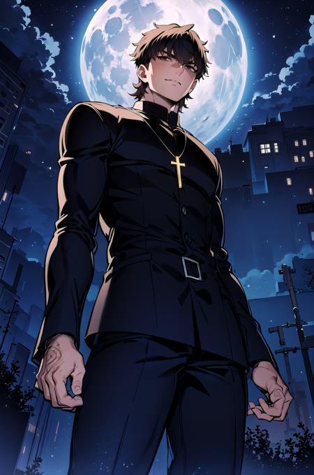 (masterpiece, best quality, detailed), 1boy, male focus alley, dark, night, full moon, from below, kotomine kirei, black shirt, black pants, cross necklace, short hair, long sleeves, cowboy shot