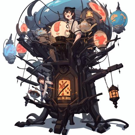 magic teas, people, stove, huge light globe on stand, white bg
, highres, hq, highly detailed  <lyco:huachong:1>