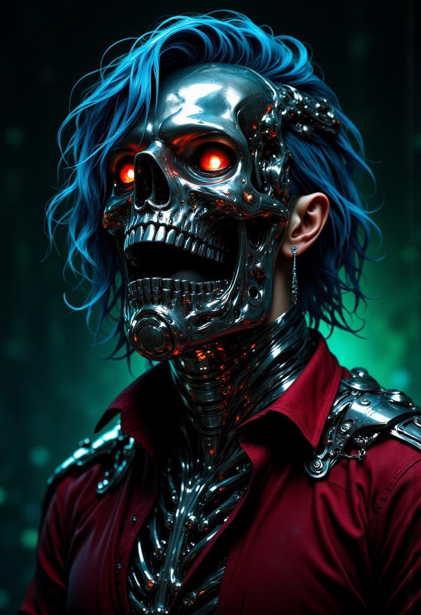 **aesthetic_pose, dramatic_lightning, mythp0rt, anime cyberpunk**: A close-up of a male figure with shoulder-length wavy blue hair cascading smoothly, contrasting with his warm tanned complexion. His face is partially covered by a surreal chrome skull mask, the surface shimmering with a layer of sparkling lights that create a futuristic and mysterious vibe. Delicate chrome chains dangle elegantly from his ears, adding subtle movement and reflective highlights. A thick metallic collar hugs his neck, accentuating the sleek, avant-garde aesthetic. He is dressed in a deep red velvet shirt, the soft texture contrasting with the hard, glossy elements of his accessories. The background is a dark, moody green, which enriches the vividness of his attire and amplifies the mirror-like sheen of his chrome details. The dramatic lighting accentuates the shine of the chains, collar, and mask, casting delicate reflections and creating an intense yet enchanting atmosphere around the character.