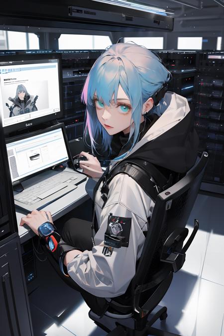 (absurdres, highres, ultra detailed), 1girl, solo, extremely detailed eyes, colorful, highest detailed,  looking at viewer, solo, (full body:0.6), detailed background, detailed face, (watchdogs theme:1.1) evil high-tech futuristic hacker,  advanced technology, hoodie, techwear, wearable device, keycard, electronics,   (holographic display:1.05), access denied, numbers, computer,  server room in background, green lights, stealth, dark sinister atmosphere, shadows,