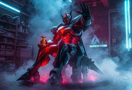 "Create a 4k, artistic and stylistically pleasing epic mecha artwork. The mecha, highly detailed with a muscular design, sits on a Black Illusion Ritual with an optimus sun orientation. The pose is cool, and the scene is filled with a blue, white and red mist. The mecha is featured on Reddit and is trending on ArtStation. The cluttered lab in the background adds intrigue, while the mecha's celebratory salute to the holy grail adds a sense of accomplishment. The neon glow enhances the overall epic feel of the piece."