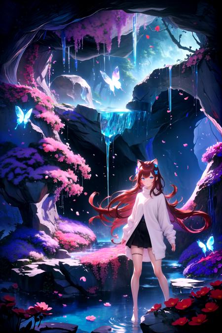 (masterpiece, best quality, highres), 1girl, raifu, solo, abstract, pov, full body,
BREAK
dark background, depth of field, rim lighting, flowers, petals,
crystals, cave, butterfly, vegetation, aura, magic, water,
BREAK
dark red hair, blue eyes, straight hair, cat ears, blush,
(medium breasts:0.8), mature female, white sweater,