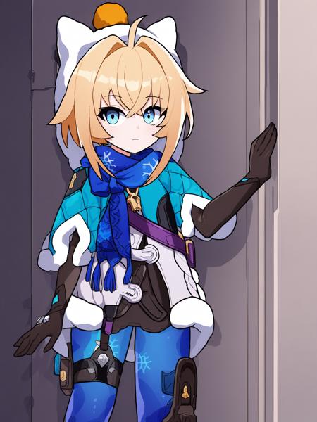 Lynx Landau is a girl with short yellow hair and blue eyes, hukeyifu costume, Animal hat,