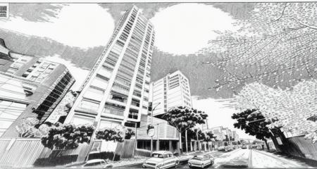 eternauta, a street in buenos aires, 1980, daylight, comic strip, silluete, black and white, left to right manga, monochrome, sun, white sky <lora:Eternauta_IA_LoRA_sd15_v1.1:1>