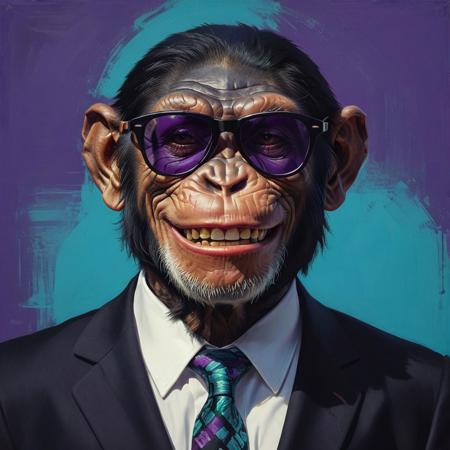 closeup portrait of a chimp wearing black suit, highly detailed, evocative, high contrast, purple and turquoise color blocks as the background, retro style sunglasses, smile face
