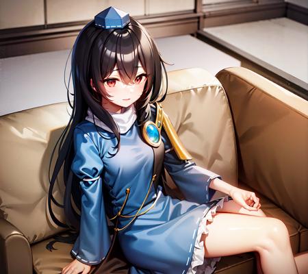 Iizunamaru Megumu, blue tokin hat, white circle scarf, blue dress, golden pauldron, black cape, sitting on sofa
 <lora:Iizunamaru_Megumu:0.8>