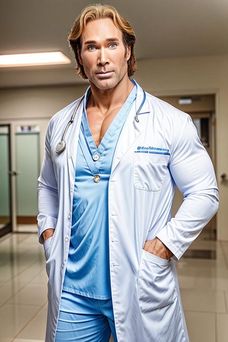 professional portrait photo of  (ohearn) <lora:BabyDontHurtMeDogu:1>  as (a doctor:1.1), muscular, serious look on the face, wearing a doctors coat, stethoscope, in a hospital