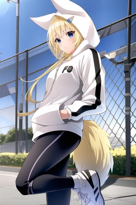 1girl, konjihen, kon, hoodie, leggings, hood, blonde hair, blue eyes, sneakers, fence, railway, train, city, (fox tail:1.3)