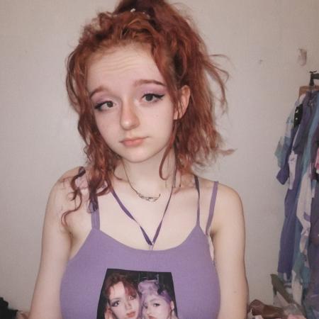 woman, egirl_pfp, makeup
<lora:egirl_pfp:1>, Molly, MJ, auburn hair, greyish violet tank top, violet spaghetti strap tank top, cleavage, polaroid photo, large boobs