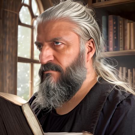 (((smhcgty))), (((hyperrealistic face))), award winning waist up photo of a rugged fantasy wizard, wearing torn wizard robes, old and wrinkled, long white hair and beard, blue eyes, library, books in foreground, large window in background, fantasy, wonder, amazing, magical tools on table in background, bright wizard office or study, high contrast, shiny skin, backlighting, bloom, light sparkles, chromatic aberration, sharp focus