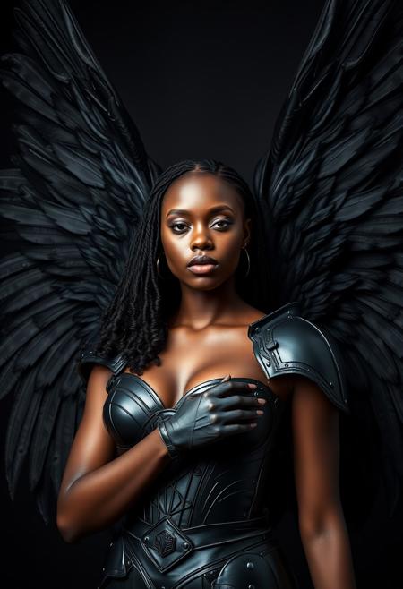 Medium shot of a beautiful african girl as an angel, black wings, black armour, sensual expression, black background, photography studio style