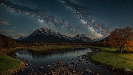((masterpiece:1.4,best quality)), cloud, outdoors, night, stars, moon
(mountains), spring glade, scenery, sky, winter, village, tree, river,
 high detail, abundant, 8k, high detail, wallpaper,