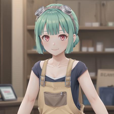 best quality, (masterpiece:1.2), illustration, absurdres,
(1girl, solo), (beautiful detailed girl), ((upper body, portrait)), (blurry background, depth of field), smile,
<lora:Mint-07:0.8>, Mint, green hair, red eyes, small breasts, thin, petite, goggles on forehead, goggles on hair,black vest, (brown apron:1.2), blue sneakers, green pants,(engineer, mechanic:1.1),tool belt, tool apron,,
at the north pole