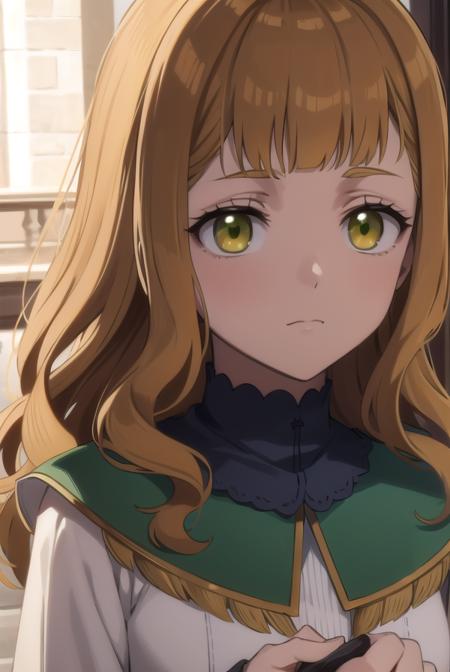 mimosa vermillion, brown hair, (green eyes:1.5), blunt bangs, bangs, medium hair, wavy hair, dress, capelet, long sleeves,