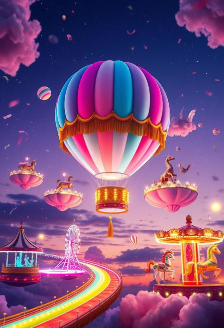 Imagine a surreal carnival floating in the sky, where gravity is merely a suggestion and everything is infused with vibrant colors. The scene is set at twilight, the sky a gradient of deep purples and fiery oranges, transitioning into a midnight blue sprinkled with twinkling stars. Floating islands of cotton candy pink and electric blue hover in mid-air, connected by swirling rainbow bridges made of pure light. On each island, whimsical carnival rides come to life: a Ferris wheel made of glowing, translucent bubbles, a roller coaster twisting and looping through the clouds, and a carousel where the horses are fantastical creatures—unicorns with shimmering, iridescent manes, and dragons with scales that glimmer in every color of the rainbow.
The air is filled with confetti and glowing orbs of light that drift lazily around, while laughter and playful music echo through the space. In the center of it all, a colossal, candy-colored hot air balloon, adorned with golden tassels and shimmering sequins, gently bobs up and down, its basket overflowing with colorful, oversized balloons and streamers. The scene is filled with vibrant hues—neon greens, electric blues, radiant pinks, and glowing yellows—all blending together in a harmonious display of color and light. The overall atmosphere is one of pure joy and wonder, as if stepping into a dream where anything is possible, and fun is the only rule.