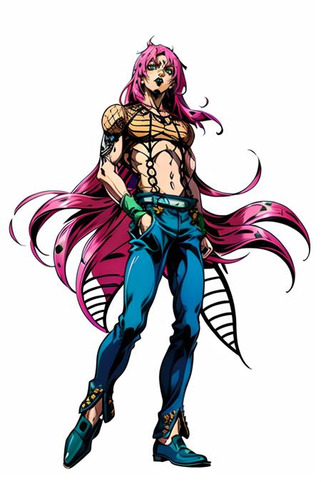 full body,  diavolo,  ((solo)),  1boy,  long hair,  fishnets,  pink hair,  pants,  belt,  wrist bands, 
detailed,  dramatic lighting,  hq,  hd,  black lips,  wallpaper,  tattoo,  green eyes,  closed mouth,  white background,  lipstick,  shoes,  official art,<lora:EMS-249640-EMS:0.900000>