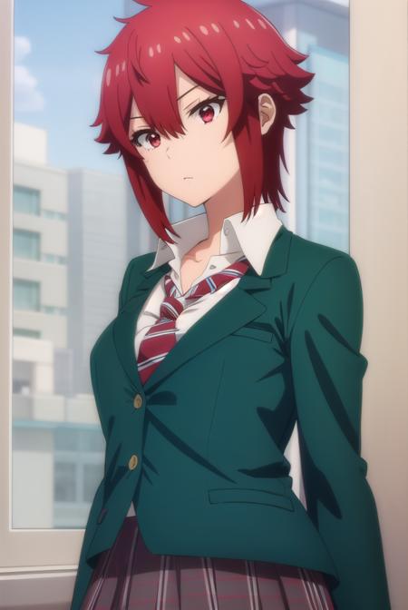 tomoaizawa, <lora:tomo aizawa s1-lora-nochekaiser:1>,
tomo aizawa, short hair, (red eyes:1.3), hair between eyes, red hair,
BREAK skirt, shirt, school uniform, jacket, white shirt, pleated skirt, necktie, striped, black skirt, blazer, red necktie, school bag, green jacket, striped necktie, (green blazer:1.5), bike shorts,
BREAK indoors, classroom,
BREAK looking at viewer, (cowboy shot:1.5),
BREAK <lyco:GoodHands-beta2:1>, (masterpiece:1.2), best quality, high resolution, unity 8k wallpaper, (illustration:0.8), (beautiful detailed eyes:1.6), extremely detailed face, perfect lighting, extremely detailed CG, (perfect hands, perfect anatomy),