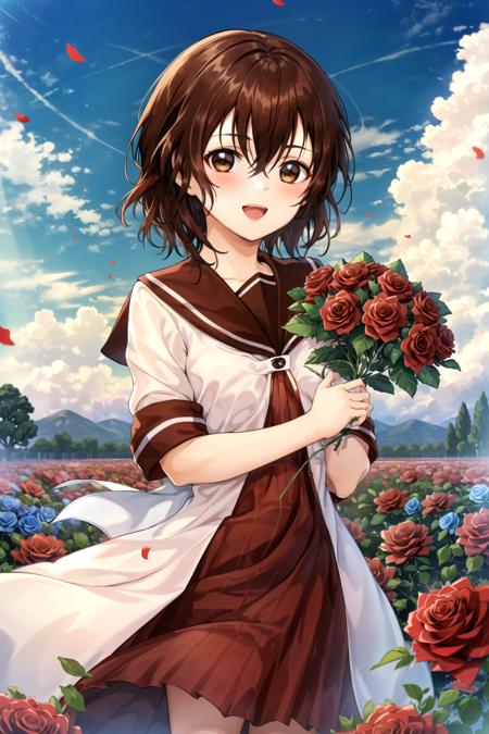 masterpiece, best quality, 1girl,  <lyco:Yui-000010:1.0>, funami yui, sailor dress,  flower, holding, sky, cloud, outdoors, bouquet, rose, open mouth, smile, blush, flower field, red flower, looking at viewer, holding flower, red rose, holding bouquet, depth of field