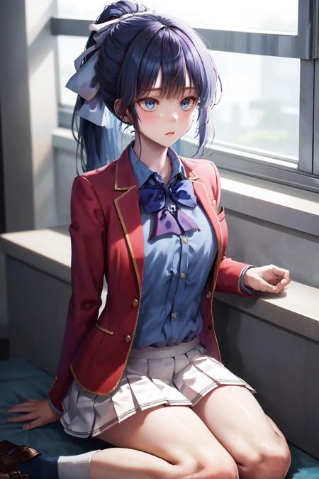 masterpiece, best quality, highres, 1girl amikura ponytail hair ribbon, school uniform white skirt red jacket blue shirt blue bowtie <lora:amikura:1> sitting, wariza, arm support