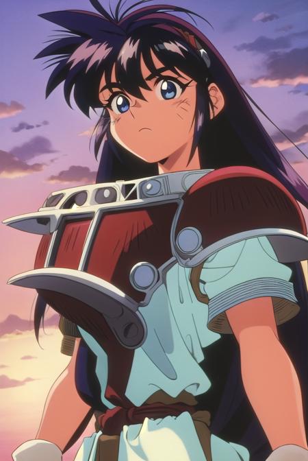 ihrie, <lora:ihrie-lora-nochekaiser:1>,
ihrie, long hair, blue eyes, black hair, (retro artstyle:1.5), (1990s \(style\):1.5),
BREAK gloves, short sleeves, fingerless gloves, armor, shoulder armor, brown gloves, pauldrons, breastplate, red armor,
BREAK looking at viewer,
BREAK outdoors,
BREAK <lyco:GoodHands-beta2:1>, (masterpiece:1.2), best quality, high resolution, unity 8k wallpaper, (illustration:0.8), (beautiful detailed eyes:1.6), extremely detailed face, perfect lighting, extremely detailed CG, (perfect hands, perfect anatomy),