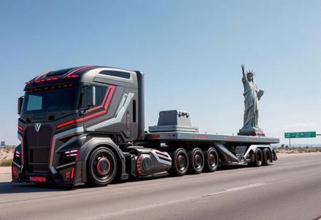 A heavy truck Marmon futuristic design carries on the attached special platform a reduced copy of the statue of freedom moving along the highway in the Mexican desert.