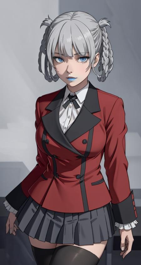 <lora:VRAMs3DMomobami640:0.5> , 1girl, xyzmomobami, hair rings, grey hair, masterpiece, beautiful, portrait, blue lips, pleated skirt, red coat, double breasted coat, school_uniform, medium breasts, black thighhighs