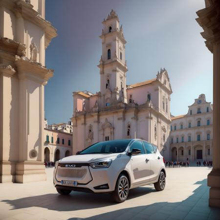 .  sugar paper and burgundy evo car in ((empty)) (dm) plaza in front of the baroque duomo with the tower with a marble statue of the Saint, focus on the evo car, the (adriatic) sea in the behind, early morning atmosphere in a summer day <lora:evo_car-dm_plaza_D-adaptation-LoRA_SD21-768_v045-000010:0.9> by Alex Andreev  <lora:AlexAndreev:0.3>