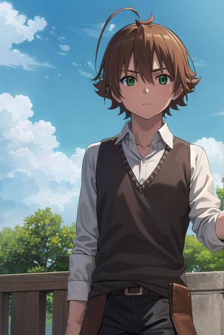 agktatsumi, <lora:agk tatsumi s1-lora-nochekaiser:1>,
tatsumi. brown hair, (green eyes:1.3), male focus, short hair, hair between eyes, ahoge,
BREAK  shirt, white shirt, collared shirt, yellow sweater, long sleeves, pants, black pants, boots, brown boots,
BREAK outdoors, nature, forest, trees, grass, sky, clouds,
BREAK looking at viewer, (cowboy shot:1.5),
BREAK <lyco:GoodHands-beta2:1>, (masterpiece:1.2), best quality, high resolution, unity 8k wallpaper, (illustration:0.8), (beautiful detailed eyes:1.6), extremely detailed face, perfect lighting, extremely detailed CG, (perfect hands, perfect anatomy),