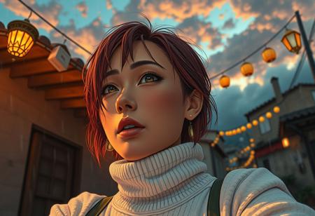 professional surreal anime render, up-scaled, close-up, low, angle, tanned skin asian woman, midlife, sporty, wet, short red hair, natural skin, no make-up, white wool pulluver, dreaming looking in the camera, a house, in a mediteranian town, late after sunset, detailed clouds, raing, dimm lanterns, warm color grading, detailed line art, hyper detailed, surreal,