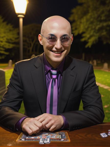 best quality, masterpiece, highres, detailed, perfect anatomy,  <lora:Detail - add_detail:0.2>,  <lora:Character - MasanoriV:0.8>, suit, jacket, necktie, purple necktie, sunglasses, graveyard, evil smile, bald, outdoors, park, night, lamp light, table, playing yugioh, playing card game, excited, cosplay,