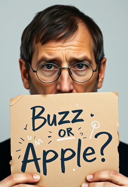 A highly detailed mugshot of a man resembling Steve Jobs, shown from the shoulders up. The man has a sad, contemplative expression with slightly downturned eyes and a subtle frown. The lighting is well-done, illuminating his face clearly without harsh shadows. The background is plain, and he is holding a piece of cardboard in front of him. The cardboard is weathered with a rough texture, edges slightly torn, and it has bold, stylish lettering that reads 'Buzz or Apple?' in a mix of futuristic and handwritten fonts. The sign has a few doodles and small symbols around the text, making it look unique and cool. The image should be realistic, capturing a somber mood with attention to the texture of his skin, his iconic round glasses, and the simplicity of his black turtleneck shirt