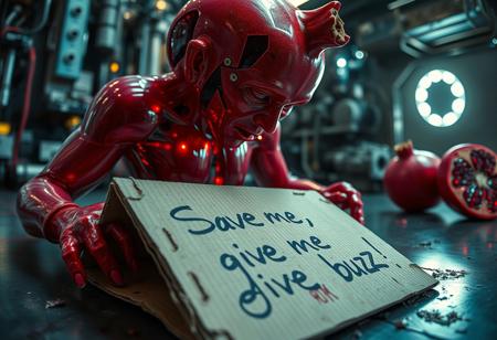 “Plastic Man morphing into a pomegranate, blending human and fruit features with intricate high-technology details. His body exhibits glossy, translucent plastic textures merging seamlessly with the vibrant, textured pomegranate skin and exposed jewel-like seeds. Random, glowing, fancy spots illuminate the scene, resembling futuristic bio-luminescence. A rotten piece of cardboard lies in the foreground, damp and crumpled, with bold, messy handwriting that reads: ‘Save me, give me buzz!’ The setting is an abstract, high-tech environment, filled with mechanical and organic elements. Rendered with cinematic prime lens effects, using a fisheye 12mm perspective for dramatic distortion and dynamic depth, showcasing surrealism with stunning visual clarity.”