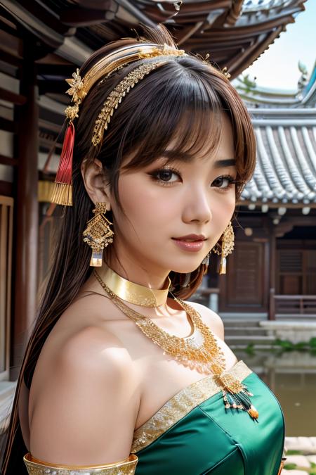 1girl, (ulzzang-6500:0.7), detached sleeves, bare shoulders, gold hair, long hair, chinese clothes, best quality, (hair ornament:1.35), jewelry, earrings, large breasts,  lantern light, depth of field, detailed face, face focus, ribbon_trim, (looking at viewer:1.25), nontraditional miko, shiny skin, long sleeves, smile, thick lips, hands on lips, east asian architecture, (blurry background:1.2), upper body, nipples, (thai temple background:1), (gold necklace:1.2), (long black hair:1),  chinese traditonal dress,<lora:ThaidollArunee_v1A:0.8>, upper body, morning light, blue sky,